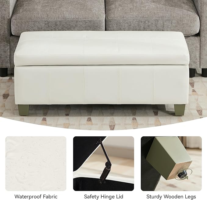 41" Faux Leather Storage Ottoman, Stitch Tufted Rectangle Upholstered End of Bed Storage Bench, Entryway Large Couch Ottoman with Wooden Legs,White