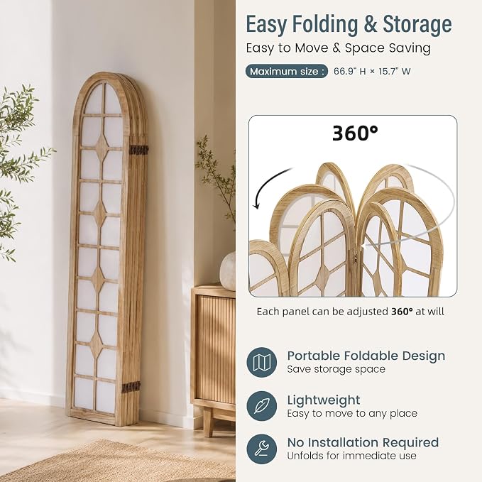 6 Panel Shoji Room Divider, Wood Folding Privacy Screen, Natural | Wood Room - Image 7