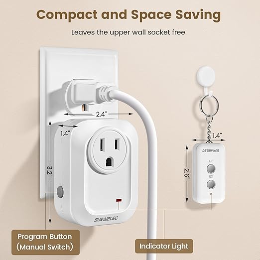 SURAIELEC Wireless Light Switch Remote Control Outlet, No Wiring Needed, 100ft RF Range, Pre-Programmed, Expandable Keychain Remote Switch Kit for Lamps, Fans, Christmas Trees, Small Appliances