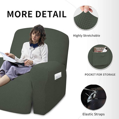 Easy-Going 4 Pieces Oversized Recliner Stretch Sofa Slipcover Sofa Cover Furniture Protector Couch Soft with Elastic Bottom Polyester Spandex Jacquard Fabric Small Checks Olive Green X-Large