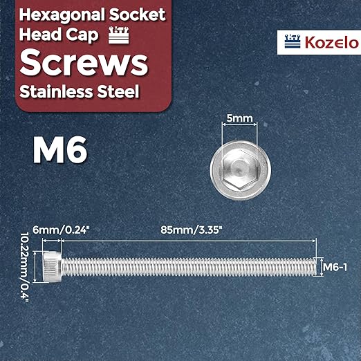 Kozelo 5pcs Socket Head Cap Screws - [M6-1 x 85mm] 304 Stainless Steel Allen Socket Drive for Electrical Motor 3D Printing Fan Engine Replacement Use, Silver