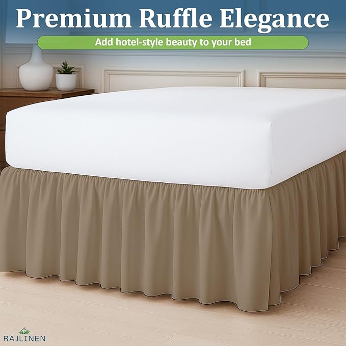 Rajlinen Ruffled Bed Skirt California King, 16 Inch Drop Dust Ruffle with Split Corners, 100% Microfiber Bedskirt with Platform, Three-Sided Coverage Ruffled Gathering Design, Taupe
