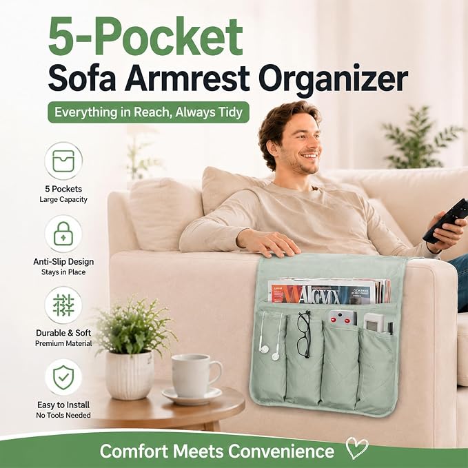 Armchair Caddy for Recliner, Non Slip Sofa Arm Organizer, Sage Green | 5-Pocket - Image 3