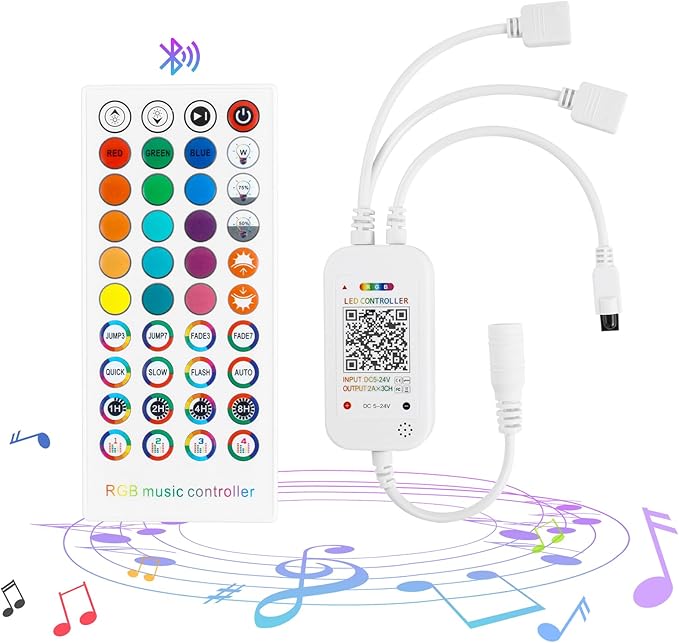 Taoellen Smart Bluetooth LED Controller,RGB Music LED Strip Lights Controller,4-PIN IR Remote Control 40-Keys for 5-24V SMD 5050 3528 RGB LED Strips