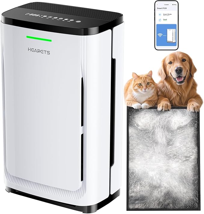 Pet Air Purifier Large Home up to 4200 sq ft, Suck up Floating Cat Dog Hair, 7-Stage Filter Anion Activated Carbon HEPA Air Purifiers WiFi for Dander Odor Allergies Smoke Dust, Zero Ozone, P339 White