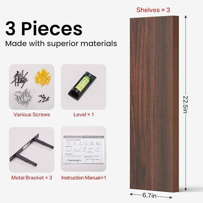 BAYKA Walnut-Like Floating Shelves 22.5in, Wall Mounted Wall Decor | Easy - Image 8
