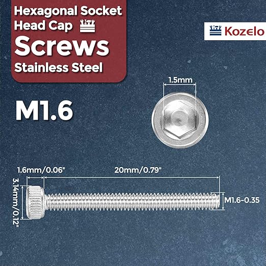 Kozelo 30pcs Socket Head Cap Screws - [M1.6-0.35 x 20mm] 304 Stainless Steel Allen Socket Drive for Electrical Motor 3D Printing Fan Engine Replacement Use, Silver