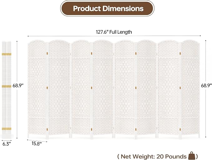 8 Panel Room Divider, 6 FT Wide Folding Screen Room Divider, Off White | Double - Image 7