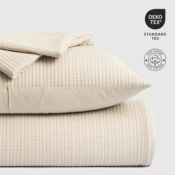 EVERGRACEHOME Cotton Gauze Matelassé Coverlet, King Size, Soft Oat | Ultra Soft - Image 8