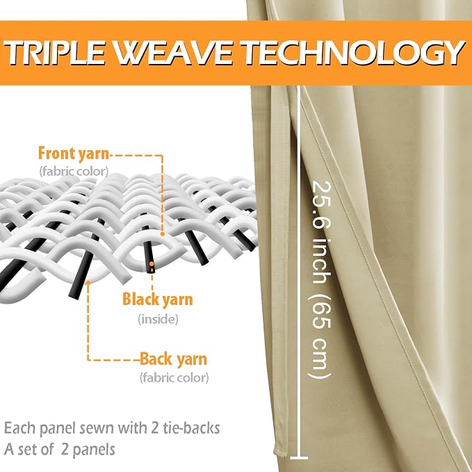 Blackout Curtains for Bedroom, Light Beige, 52 x 54 Inch, 2 Panels | Thermal - Image 3
