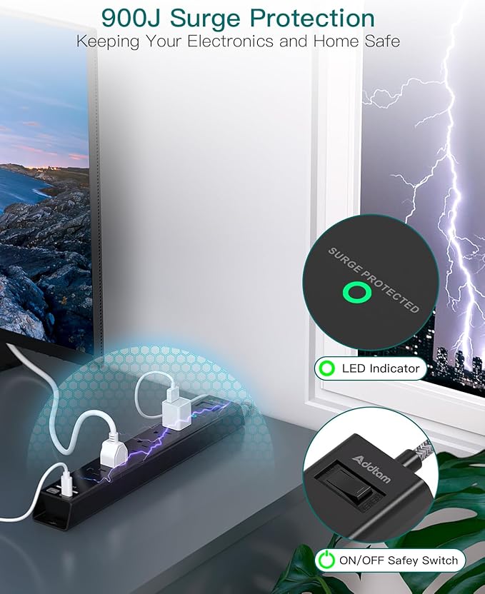 Extension Cord with Multiple Outlets 10 Ft - Power Strips with Surge Protection, Flat Plug with 6 AC Outlets 4 USB (2 USB-C Ports), Wall Mount Outlet Extender for Home Office Dorm Room Essentials