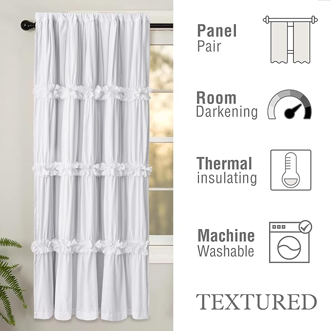 Thermal Insulated Window Curtains 42" W x 63" L | White Boho Ruched Blackout - Image 4