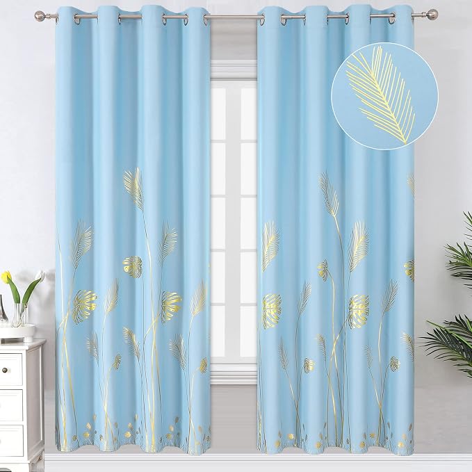 Sky Blue Blackout Curtains for Bedroom, Room Darkening Gold Palm Tree Pattern by ESTELARTEXTILER