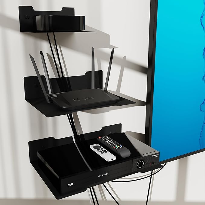 PzewMo Floating Metal Wall Mount Shelf,Shelf for Projector,TV Cable Box,Router,Speaker,Sound Bar,Camera,Gaming,Decor Display (1, Medium)