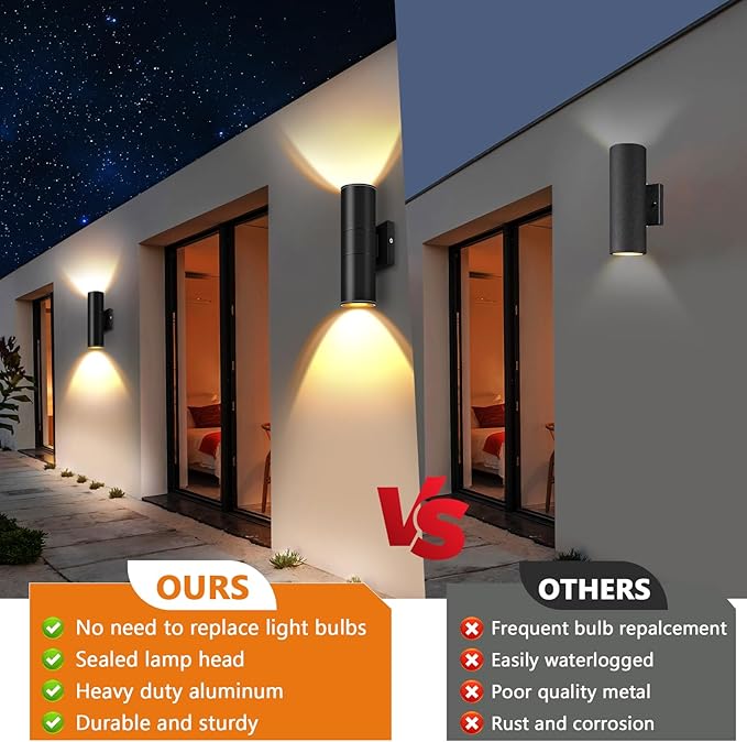 RIDALUX Outdoor Wall Light Cylinder Waterproof : 2 Pack Exterior Fixtures Wall Sconce with LED Up Down - Modern Outdoor Light for Porch Patio Garage