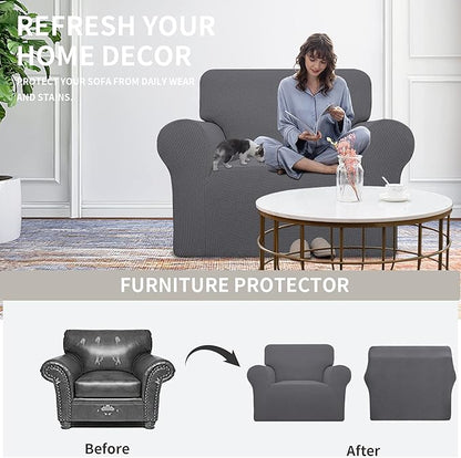 Easy-Going Stretch Oversized Chair Sofa Slipcover 1-Piece Couch Sofa Cover Furniture Protector Soft with Elastic Bottom for Kids Spandex Jacquard Fabric Small Checks Gray