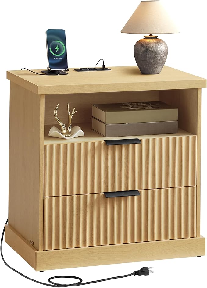 VASAGLE Nightstand with Charging Station, 2 Drawers, Open Shelf | Bedside Table by Unknown