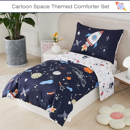 PERFEMET 4 Pcs Toddler Bedding Dark Blue Outer Space Printed Toddler Bed Set with Sheets Reversible Planet Rocket Pattern Bed in a Bag for Toddlers(Dark Blue, Planet/Rocket)