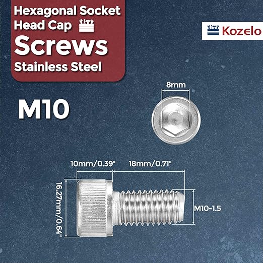 Kozelo 15pcs Socket Head Cap Screws - [M10-1.5 x 18mm] 304 Stainless Steel Allen Socket Drive for Electrical Motor 3D Printing Fan Engine Replacement Use, Silver