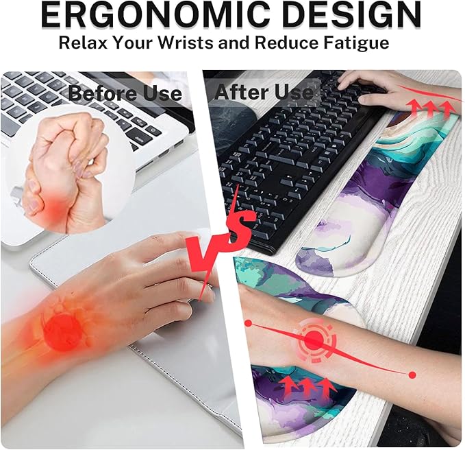 Britimes Teal and Purple Liquid Marbling Keyboard Mouse Pad Set 4in1 Large Mousepad+Keyboard Wrist Rest+Mouse Wrist Rest+Coaster Set with Ergonomic Design for Home Office Computer 35.4x15.7 inches
