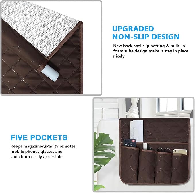 Armchair Caddy for Recliner, Non Slip Sofa Arm Organizer, Coffee | 5-Pocket - Image 2