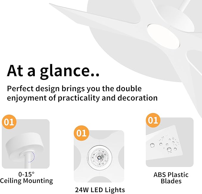 WINGBO 54" Wet Rated Outdoor Ceiling Fan with Lights, 4 ABS Plastic Blades, Reversible DC Motor, 6-Speed Remote Control, 3 CCT, Waterproof Ceiling Fan for Patio Porch Gazebo Garage, Gloss White