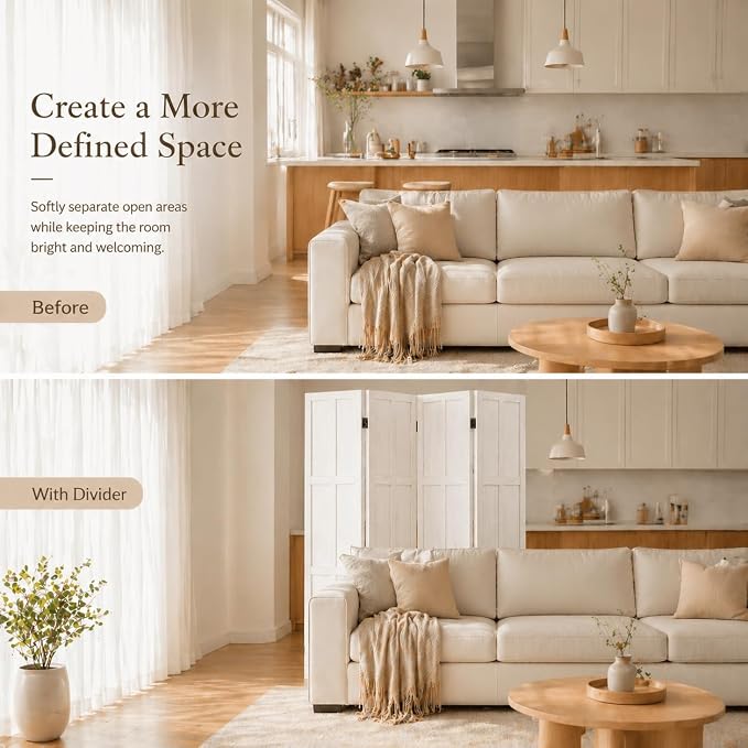 4 Panel Solid Wood Room Divider Folding Privacy Screen White | Freestanding - Image 5