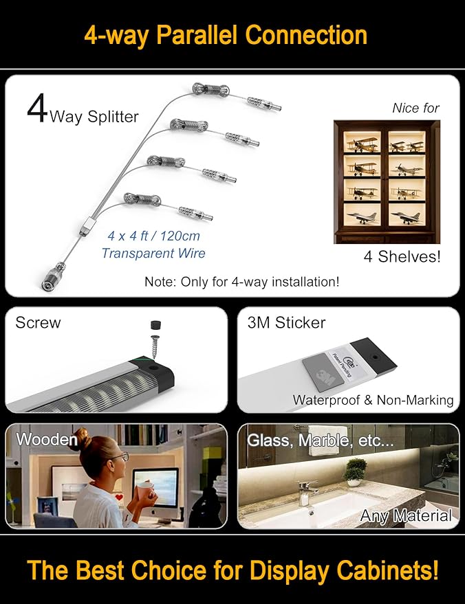 EBD LED Under Shelf Lighting 4-Way 1.2m Splitter Parallel Cabinet Lighting Built-in Adjustable Cable Counter Light Bar 8 Panels Bookcase Lighting Energy 3600Lm 6500K Display Lights for Shelves Closet