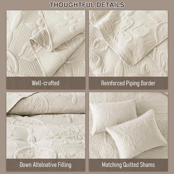 Light Beige Damask Quilt California Cal King Size Bedding Sets - Image 6