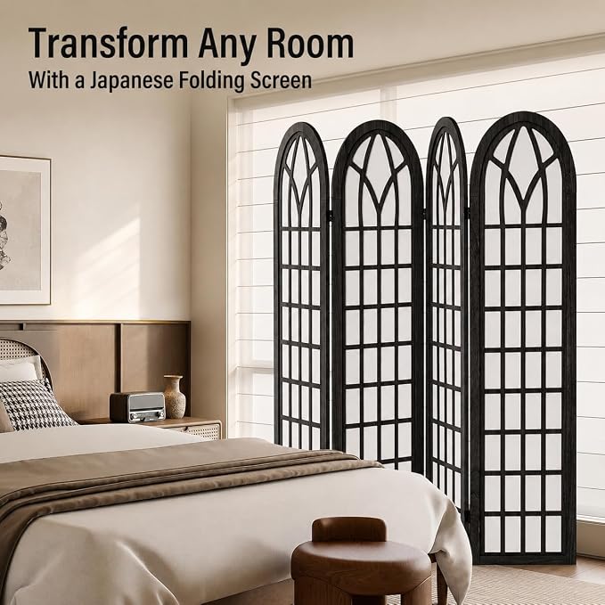4 Panel Shoji Room Divider Folding Privacy Screen Black | Freestanding - Image 7