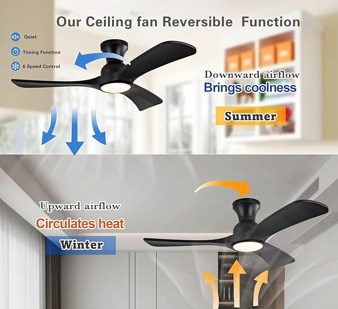 Ceiling Fans with Lights, 42 Inch Low Profile Ceiling Fan with Light, Flush Mount Celing Fan, 3CCT 3 Blades Wood Fans,Walnut Fan for Kid's Rooms Bedroom Study Garage (Black Ceiling Fan)