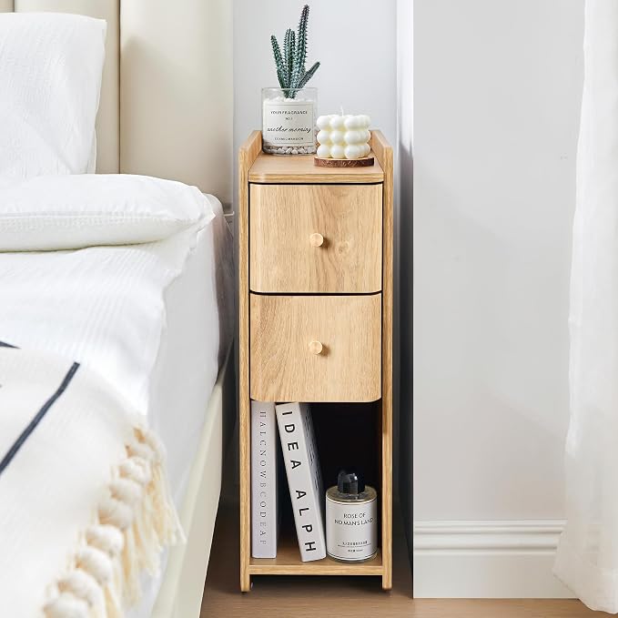 Narrow Nightstand Set of 2, Wooden Small 2 Drawer Nightstand, Slim Side End - Image 8