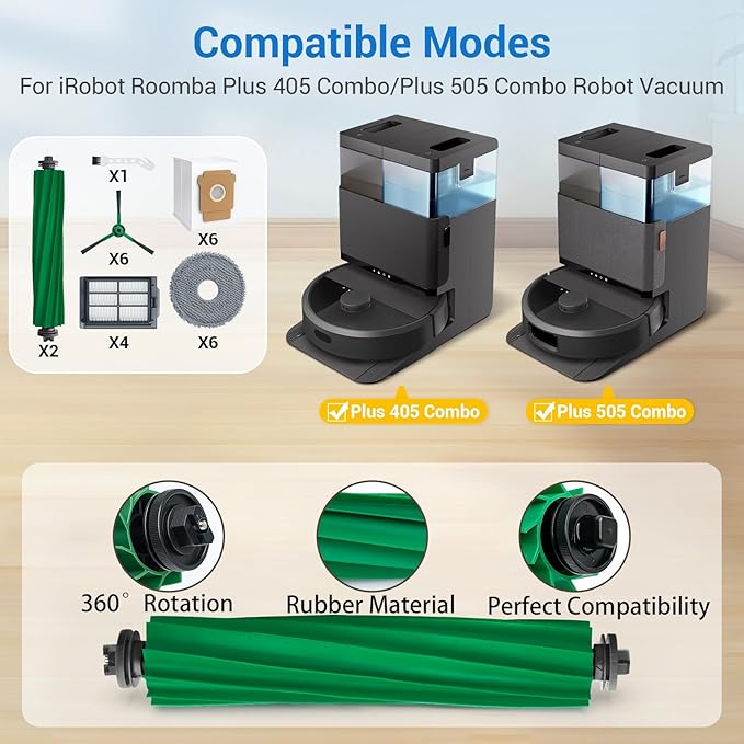 Bluevisk Plus 405 Combo Replacement Parts for Roomba Plus 405 Combo Plus 505/ 507Combo Robot Vacuum Cleaner Parts with 2 Roller Brush, 4 HEAP, 6 Mops, 6 Dust Bags, 6 Side Brushes, 1 Clean Brush