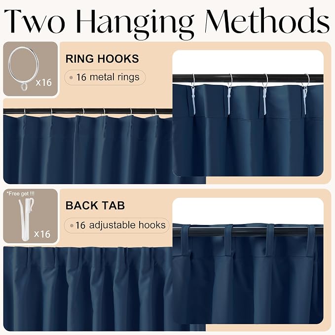 Etherealveil Navy Blue Pinch Pleated Blackout Curtains 2 Panels 52"x102" | Back - Image 6