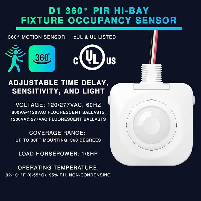 Everelectrix Single Pack Ceiling Occupancy Motion Sensor, Passive Infrared Technology, High Bay Fixture Mount 360 Degree, Hard-Wired, 120-277 VAC, Commercial, Industrial Grade Occupancy Sensor