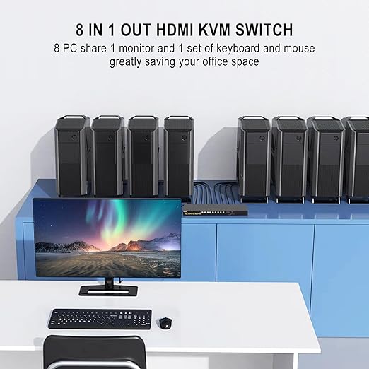 JideTech 8-Port HDMI KVM Switch 4K@60Hz with USB 3.0 Hub, Audio Support, Keyboard & Mouse Hotkey, Remote Control, Rack Mount 1U for Windows/Mac/Linux