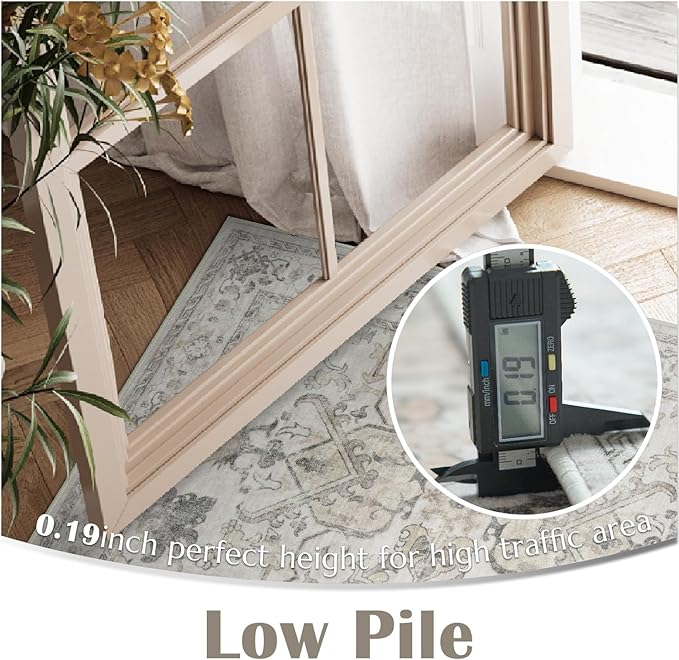 jinchan 5x7 Area Rugs Machine Washable Vintage Floral Throw Rug for Living Room Soft Ultra-Thin Low Pile Non-Slip Carpet for Kitchen, Bedroom, Dining Room, Nursery (5x7ft, Taupe)