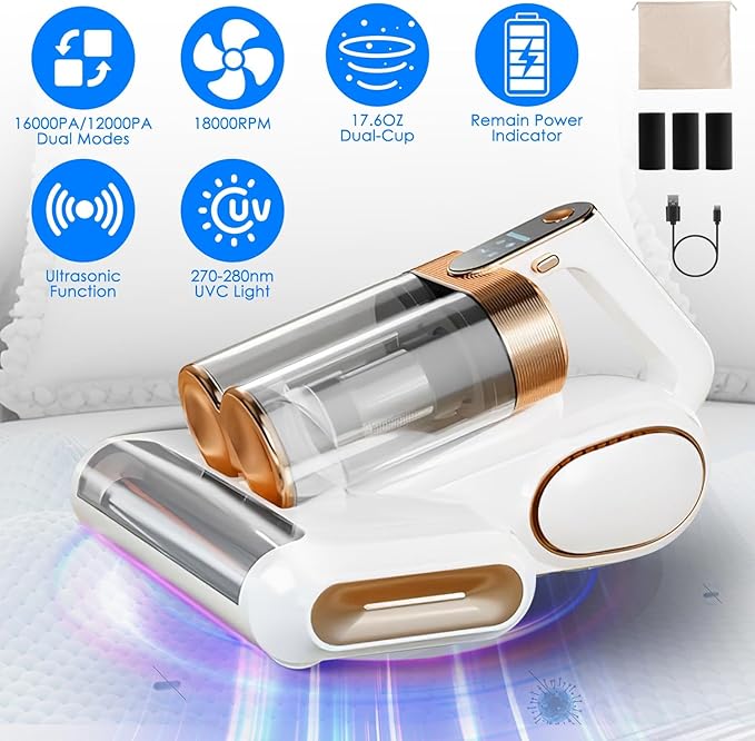 lafengyan Cordless Mattress Vacuum Cleaner with 16KPA Suction, Vibrating Roller Brushes, Dual Filtration & Long-Lasting Battery for Beds and Upholstery