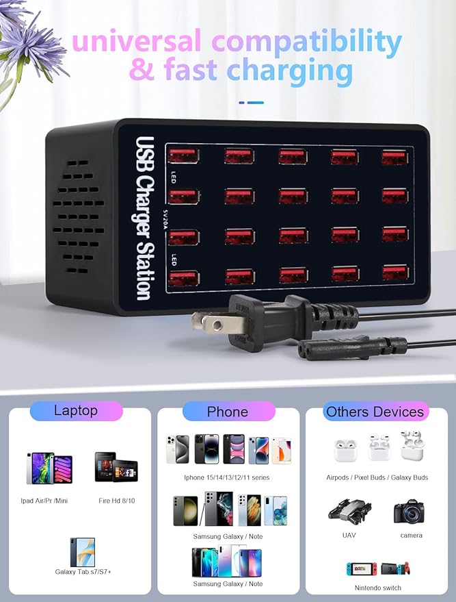 WANLONGXIN 100W 20Port USB Charging Station, Multi USB Charger for Multiple Devices, Black