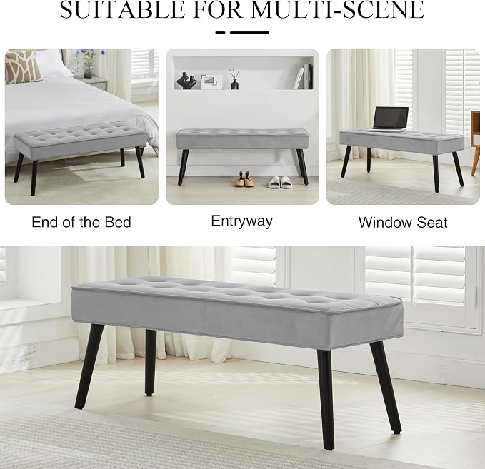 LOULENS Entryway Bench, Light Grey | Wood Legs, Button Tufted, Upholstered Bench - Image 5
