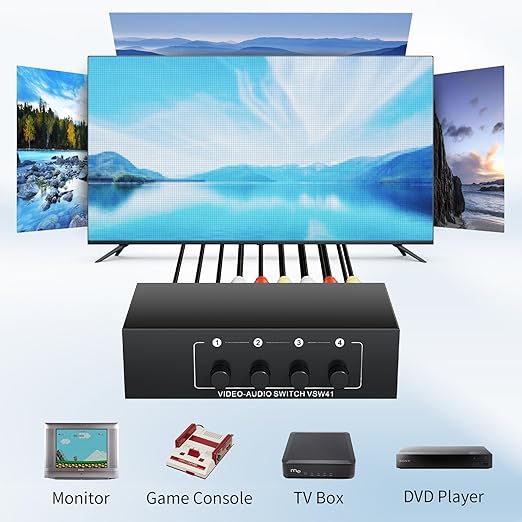 RCA Switch 4 in 1 Out Composite Video L/R Audio Selector Box 4X1, BolAAzuL 4-Way RCA Switcher - 4 Port AV Selector Switch - Plug & Play for Wii PS2 Xbox DVD STB HDTV