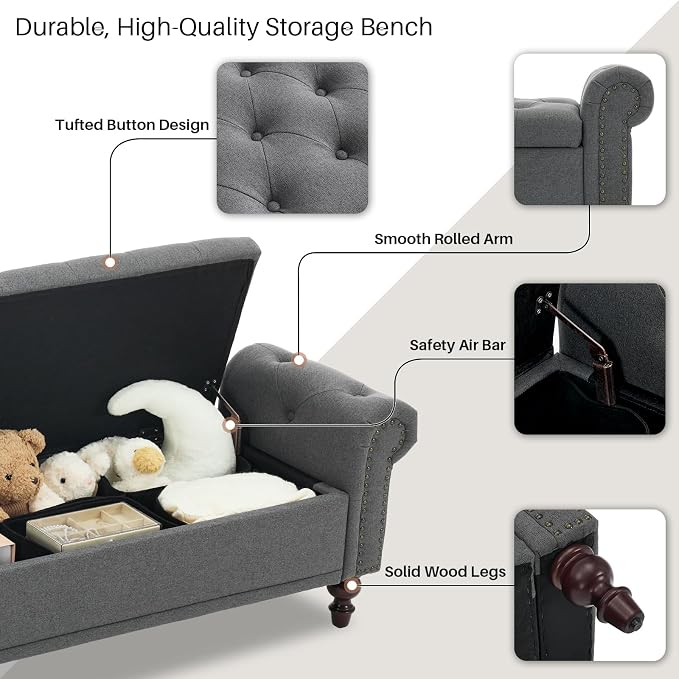 SOFTHION 67" Storage Bench for Bedroom, Linen Upholstered, Dark Grey | King - Image 4