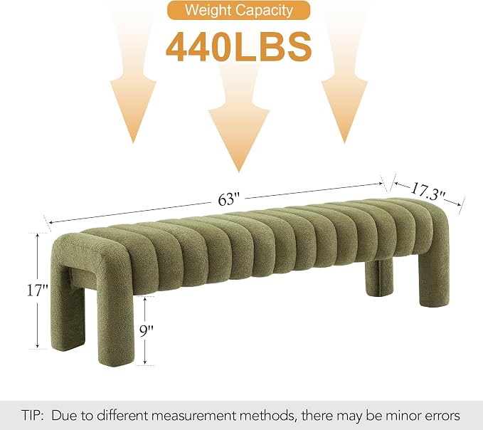 63" Boucle Bed Bench, Cute Upholstered Channel Tufted Bench - Image 2