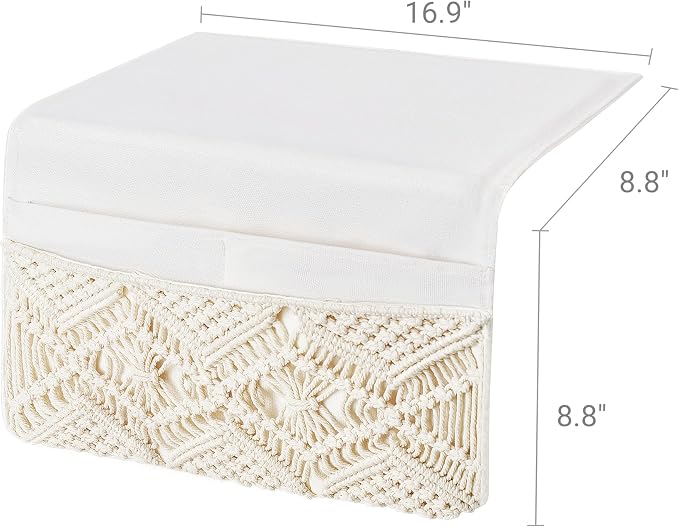 Mkono Macrame Bedside Caddy, Boho Bed Storage Organizer, 4 Pockets Ivory | Large - Image 6