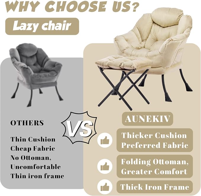 Lazy Chair with Ottoman, Comfy Reading Chair, Khaki | Cushioned Seat with - Image 4