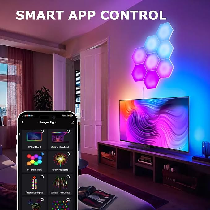 HEDCINLT Smart Hexagon Lights DIY Hexagon Led Light App & Remote Controlled & Music Sync Features USB & Type C Modern RGB Wall Panels for Living & Gaming Decor (6Pack)