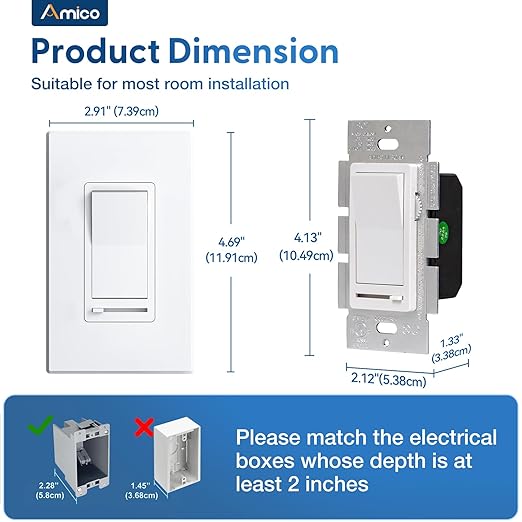 Amico 24 Pack Dimmer Light Switch, Single-Pole or 3-Way Slide Dimmer Switches for Led Lights, Suitable for 150W Dimmable LED/CFL Lights and 600W Incandescent/Halogen, Wall Plate Included, White