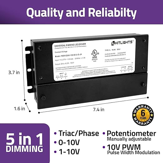 HitLights 150W Dimmable LED Driver, Electronic Transformer, 120V AC to 24V DC Power Supply for LED Strip Light, IP66 Rated, Dimming with TRIAC, 0-10V, 1-10V, Potentiometer, 10V PWM, UL Listed, Class 2