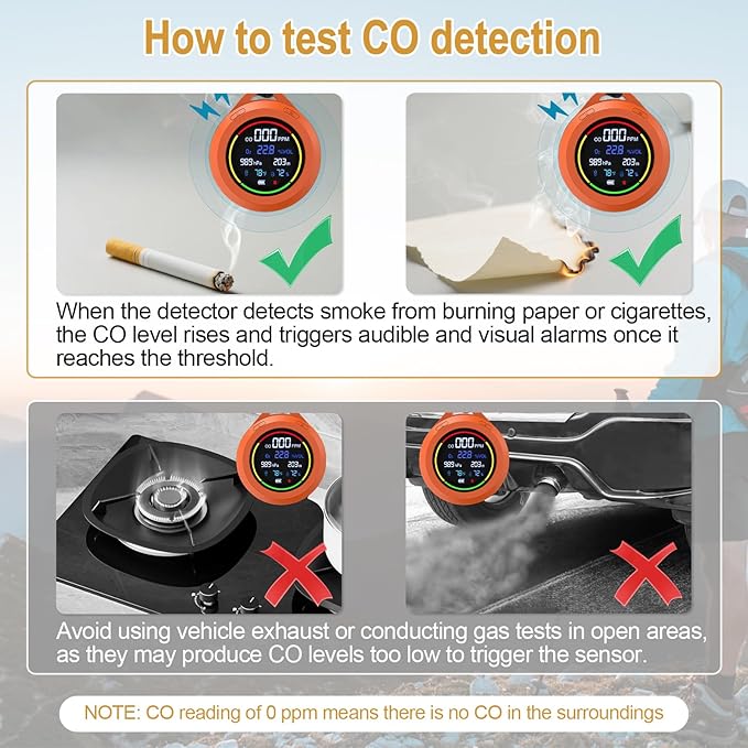 Portable Carbon Monoxide Detectors, 6-in-1 CO Detector, CO/O2/Temperature/Humidity/Altitude/Atmospheric Pressure, Portable Oxygen Detector with Alarm & Color Backlight, for Indoor, Camping, RV,Travel