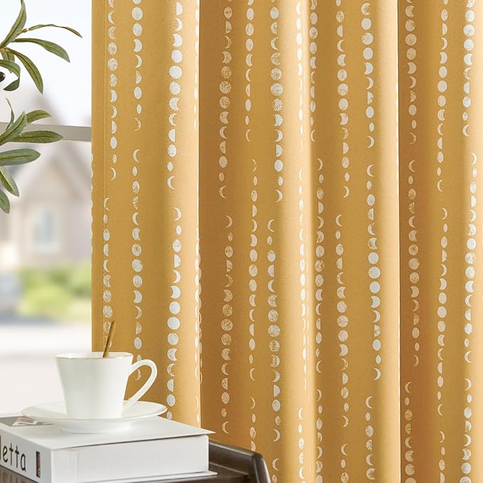 jinchan 95% Blackout Boho Curtains 84 Inches Long Mustard Moon Phases Printed by JINCHAN